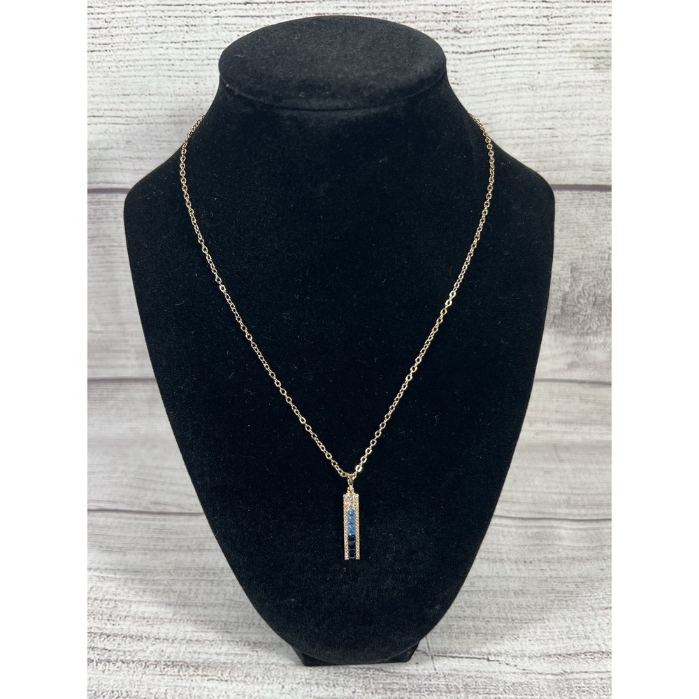 Vince Camuto Gold Tone Blue Crystal Bar Pendant Necklace 20.5"‎